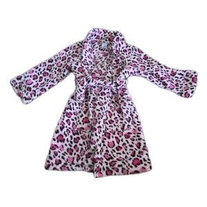 The Childrens Place Bath Robe Girls XS 4 Pink Leopard Print Fuzzy With Tie Belt